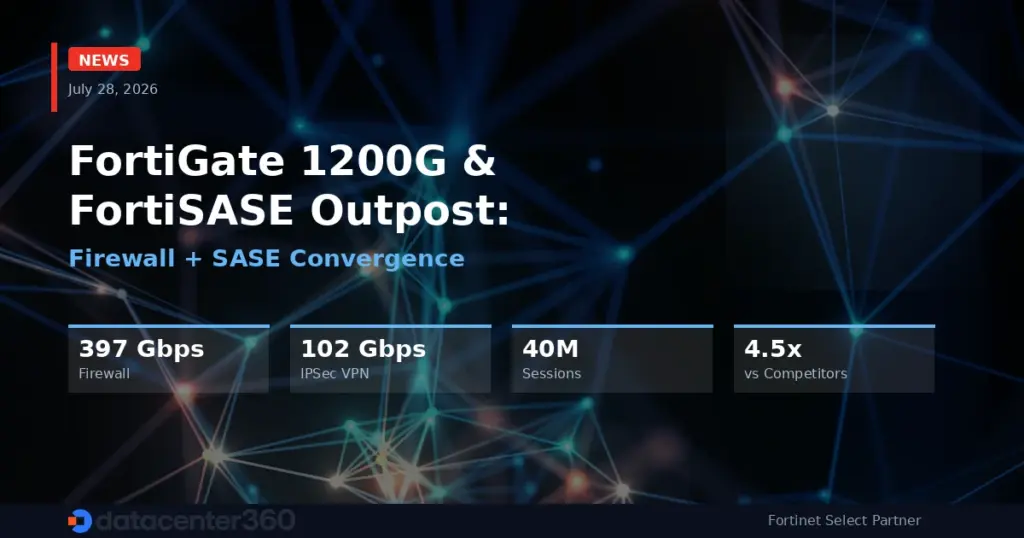 FortiGate 1200G and FortiSASE Outpost — firewall and SASE convergence with 397 Gbps firewall throughput, 102 Gbps VPN, 40M sessions